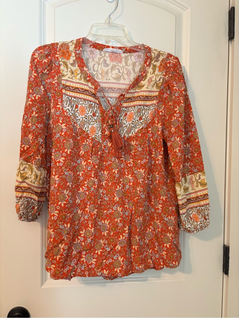 Jane and Delancey Orange Floral Tassel Tie Peasant Tunic